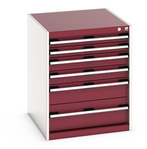 40027019.** Cabinet consists of 2 x 75mm, 2 x 100mm, 1 x 150mm and 1 x 200mm high drawers 100% extension drawer with internal dimensions of 525mm wide x 625mm deep. The drawers have a U.D.L of 75kg (when approaching high weight loads it is suggested to fix